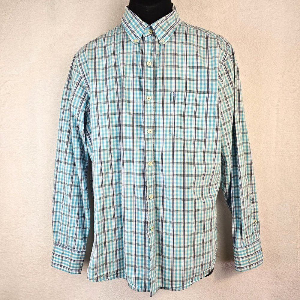 Izod Men's Slim Fit Blue Plaid Button-Down Shirt Size L